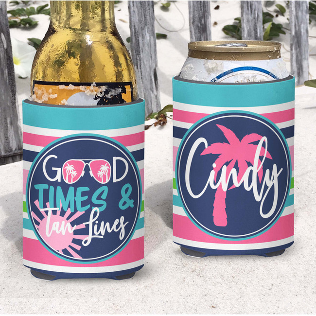 Personalized Good Times and Tan Lines Beach Vacation Can Coolie or Koozies® Pink Striped Sunshine