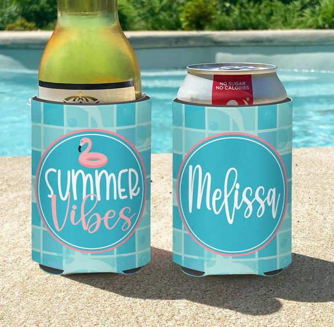 Personalized Summer Vibes Pool Party Can Koozies® or coolies - Flamingo Float script