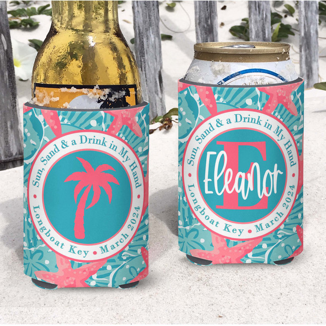 Personalized Beach Vacation Can Koozies® or Neoprene Coolies - Coral Seashells