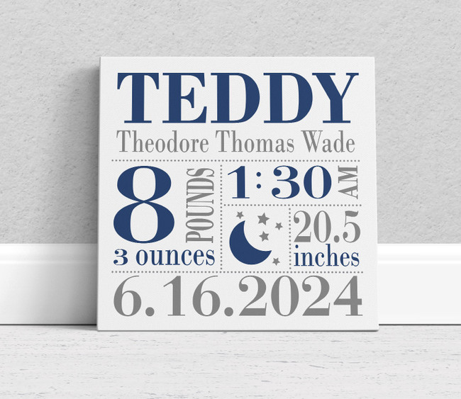 Canvas Art Print - Baby's Birth Stats Birth Announcement - Moon and Stars