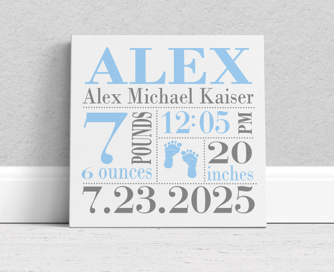 Canvas Art Print - Baby's Birth Stats Birth Announcement - Sky Blue Footprints