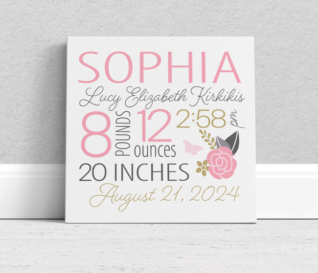Canvas Art Print - Baby's Birth Stats Birth Announcement - Pink Floral Script