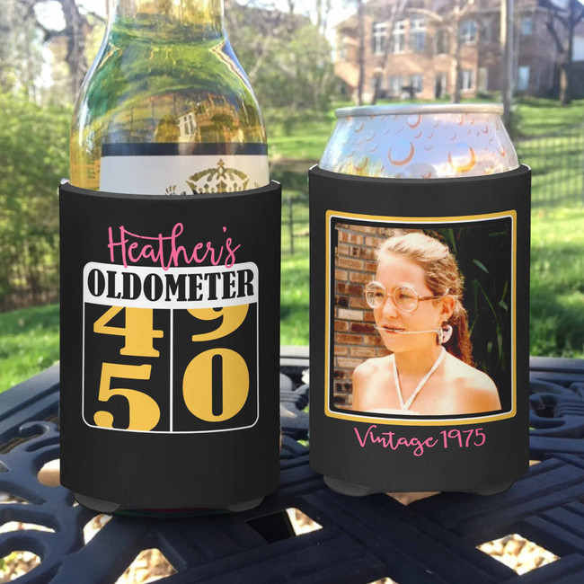 birthday photo koozies - pink oldometer