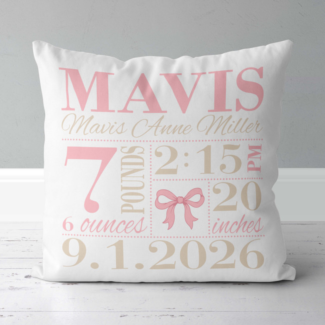 Girls Bow Birth Announcement Pillow - Blush and Beige