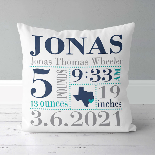 boys birth announcement pillow with baby blue and gray state