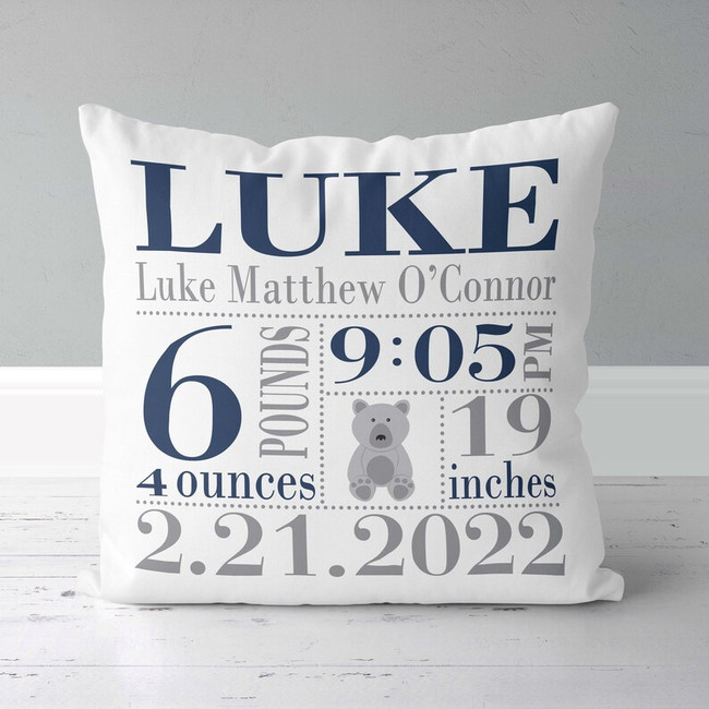 boys birth announcement pillow with navy and gray bear