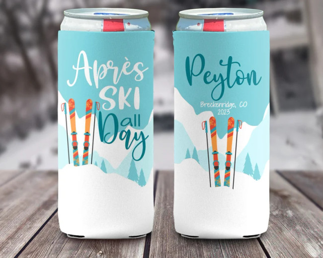 Personalized Apres Ski All Day slim can coolies or koozies