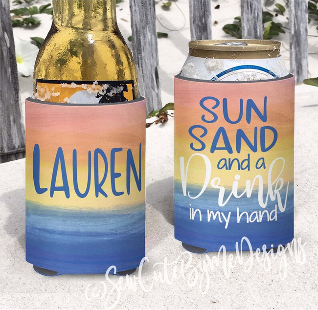 Beach Vacation Can Coolie or Koozies® - Personalized watercolor sunset Sun Sand and a Drink in My Hand