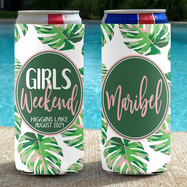 Personalized slim can koozies - tropical girls weekend coolies - let's get flocked up