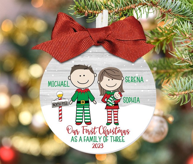 First Christmas as a Family of Three Elf Family Custom Family Christmas Ornament 1