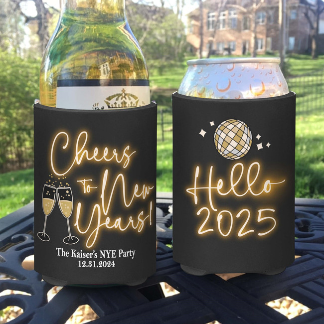 Personalized New Year's Can Coolie or Koozies® - Neon Cheers to New Year's Hello 2024