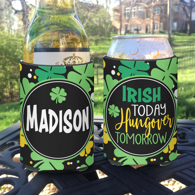 St Patrick's Day Feelin Lucky Green Glitter Personalized Standard Size Can Koozies or Coolies - Irish Today Hungover Tomorrow