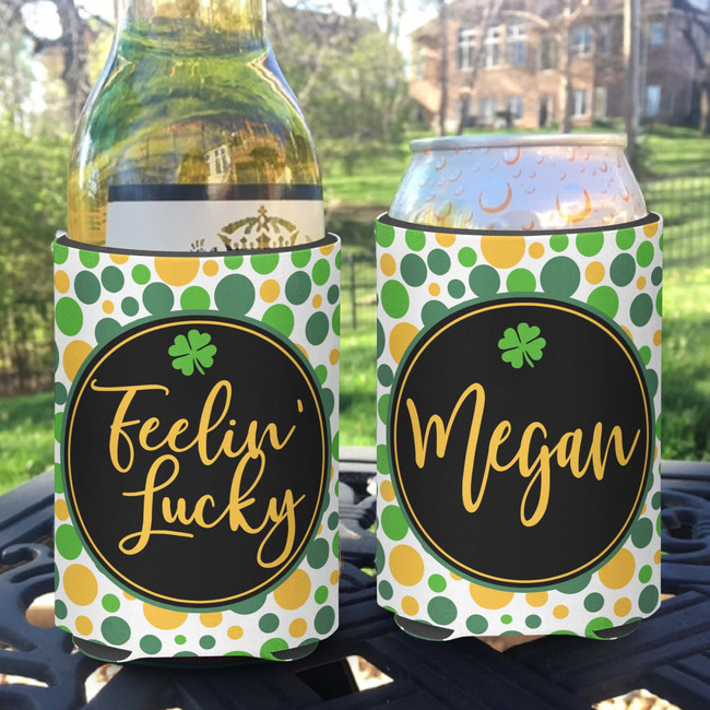 Personalized St Patrick's Feelin' Lucky Can Koozies® or Neoprene Coolies - polka dots