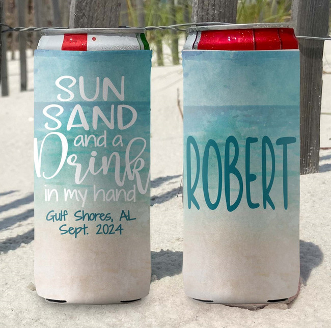 Personalized slim can koozies - watercolor beach coolies - sun sand and a drink in my hand - print