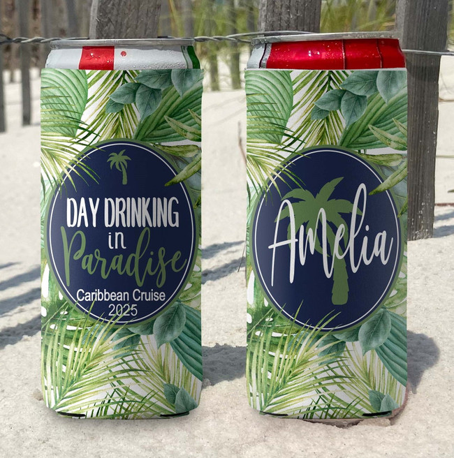 Personalized slim can koozies - day drinking in paradise vacation koozies - script