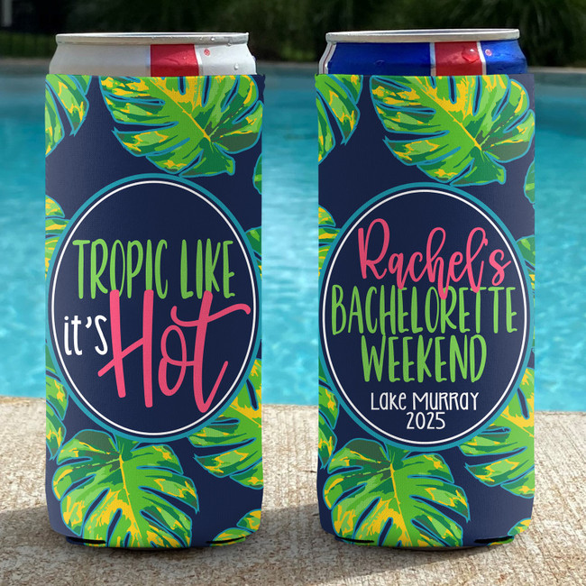 Personalized Tropical Beach Vacation Bachelorette Party Slim Can Coolies - Tropic Like it's Hot