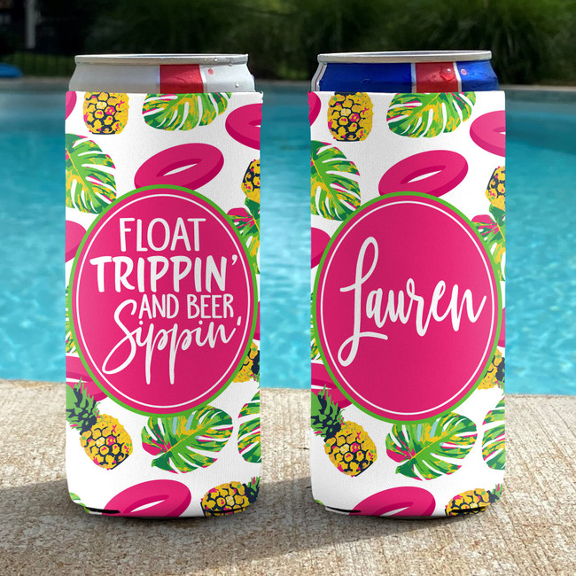 Personalized Float Trip Vacation Slim Can Coolies - Float Trippin and Beer Sippin