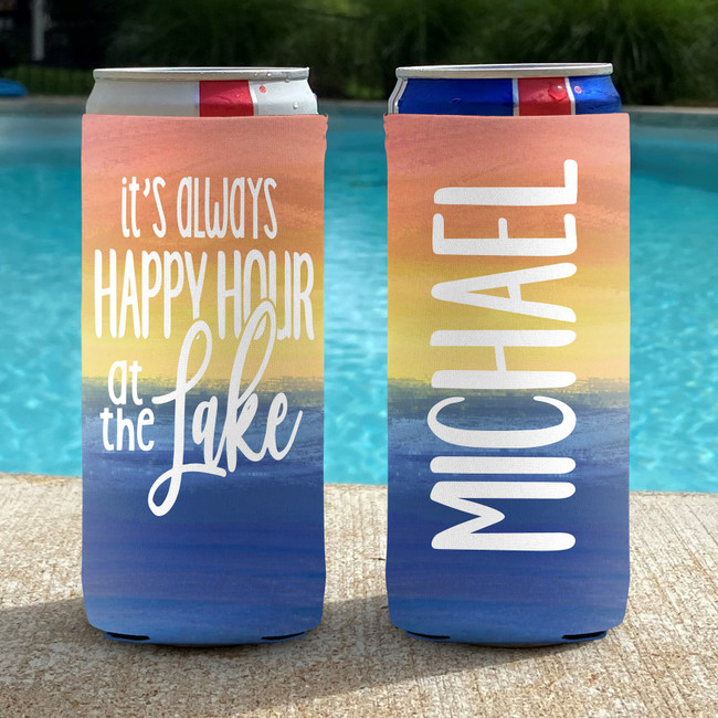 Personalized Lake Vacation Slim Can Coolies - It's Always Happy Hour at the Lake - print
