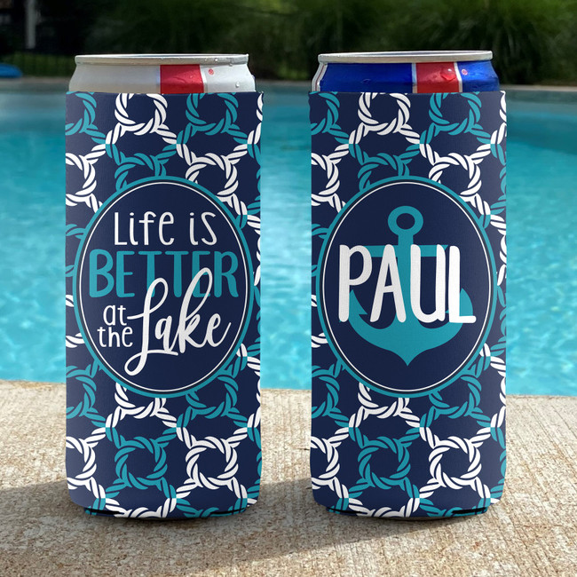 Personalized Nautical Lake Vacation Slim Can Coolies -Life is Better at the Lake - print