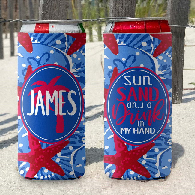Personalized Blue Tropical Beach Vacation Slim Can Coolies -Sun Sand and a Drink in My Hand - print