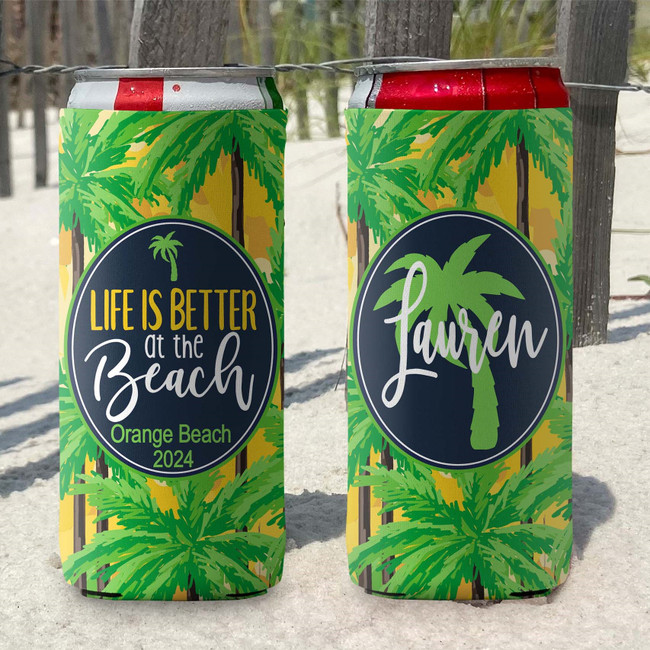 Personalized Yellow Tropical Beach Vacation Slim Can Coolies - Life is Better at the Beach - script