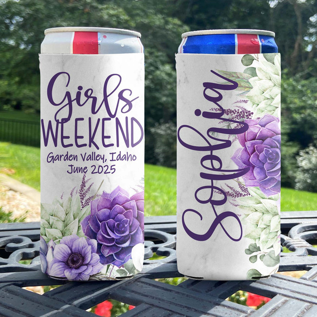 Personalized Girls Weekend Slim Can Coolies - Lavender Purple Succulents