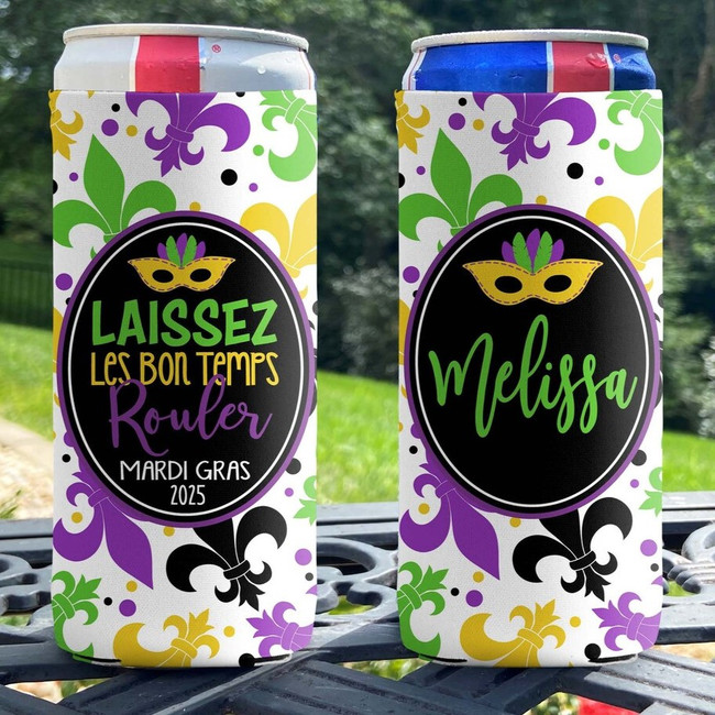 Personalized Mardi Gras Slim Can Coolies and Koozies - Fleur de Lis