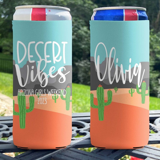 Personalized Beach Vacation Slim Can Coolies - Good Times and Tan Lines - Ombre Sunset Stripe - script