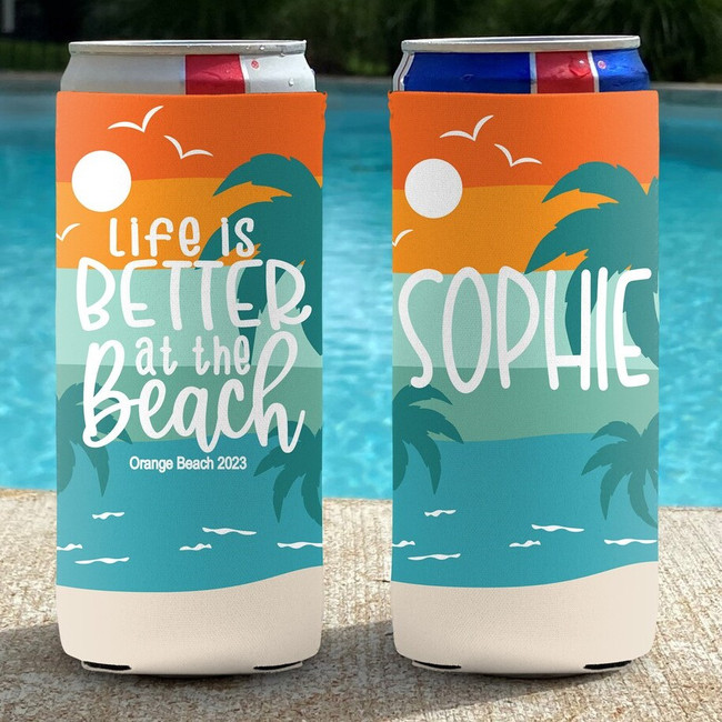 Personalized Tropical Beach Vacation Slim Can Coolies - Life is Better at the Beach - Teal and Orange Sunset Stripe - print