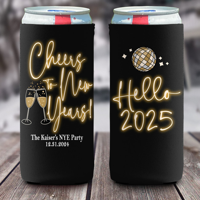 Personalized New Year's Eve Slim Can Coolies - Glitter Cheers to 2025 Hello