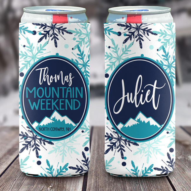 Personalized Mountain Ski Vacation Slim Can Coolies - Family Vacation - script
