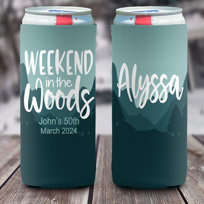 Personalized Mountain Ski Vacation Slim Can Coolies - Teal Weekend in the Woods - print
