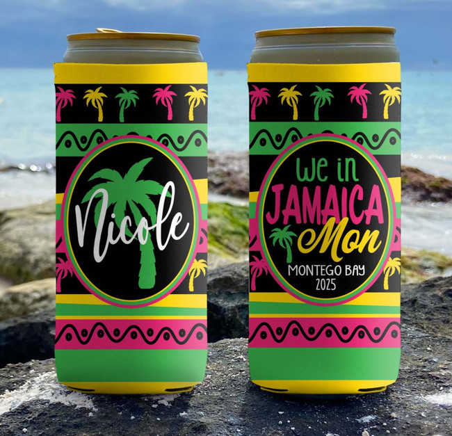 Personalized Jamaica Slim Can Coolies - Pink - We in Jamaica Mon