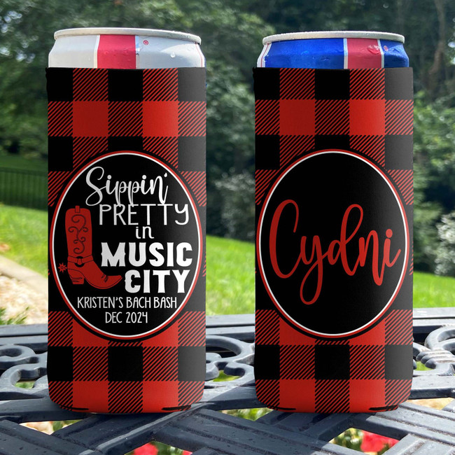 Personalized Nashville Vacation Slim Can Coolies -  Sippin Pretty in Music City Buffalo Plaid