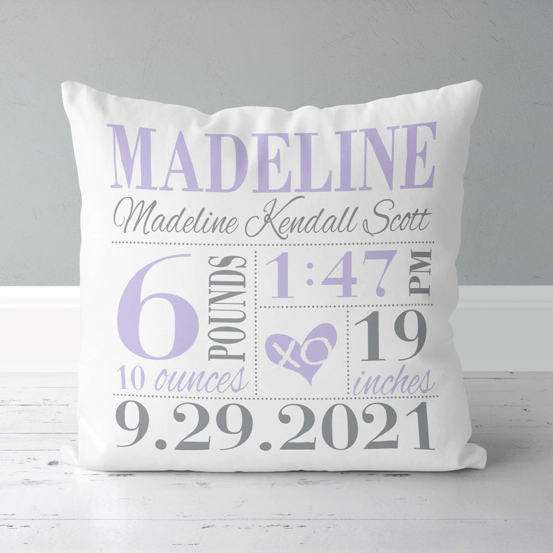 girls  birth announcement pillow with lavender and grey heart
