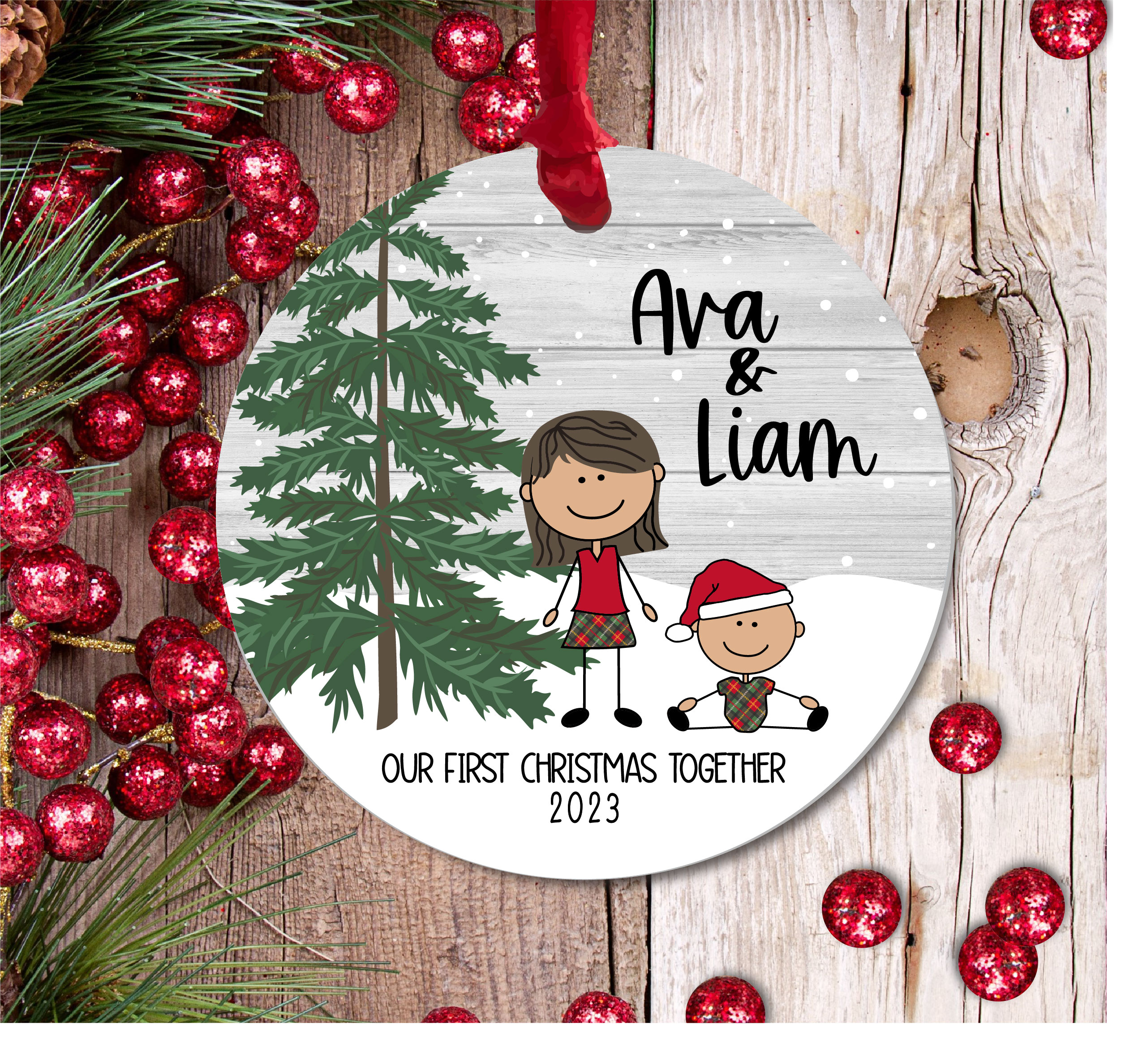 Our First Christmas Together Christmas Plaid Siblings Brother and Sister Christmas Ornament Medium Skin