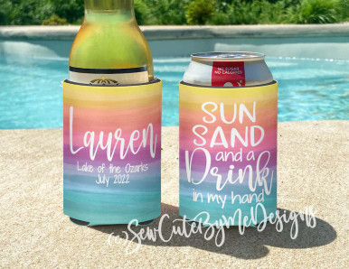 Personalized Beach Vacation Coolies or Can Koozies with White Palms