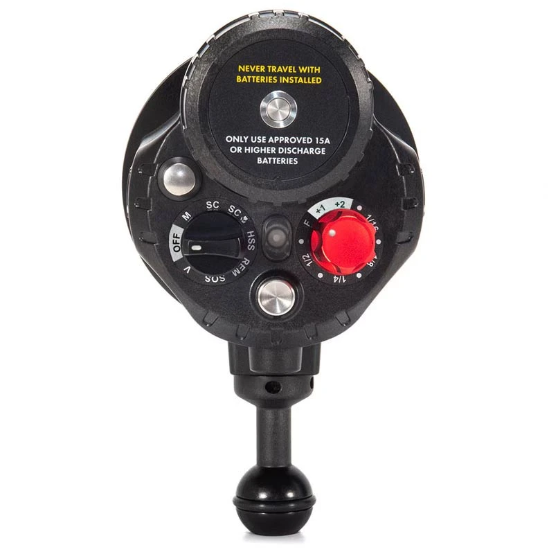 Rear controls of Backscatter HF-1 underwater strobe with tactile flash power and mode dials