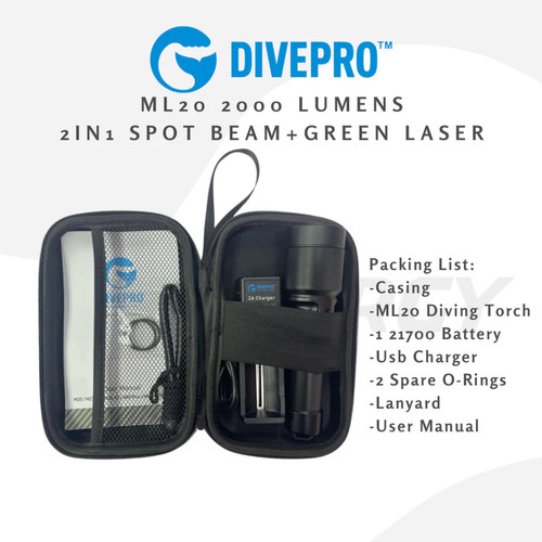 Divepro ML20 2000 Lumens 2-in-1 Spot + Green Laser Diving Torch 