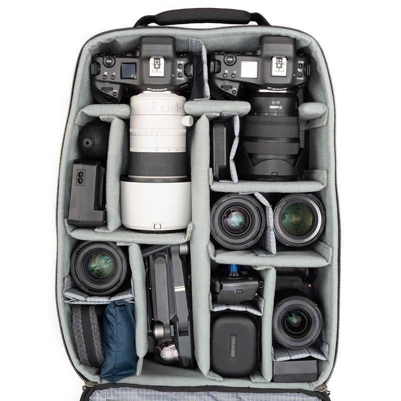 Padded divider layout inside the Think Tank Airport Accelerator 41L camera backpack