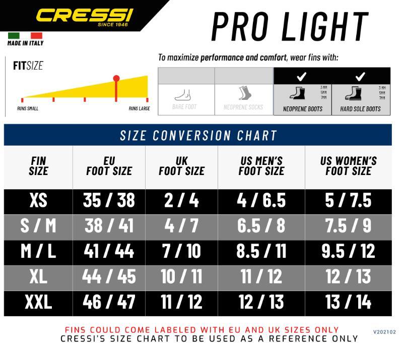 cressi pro light size guide 