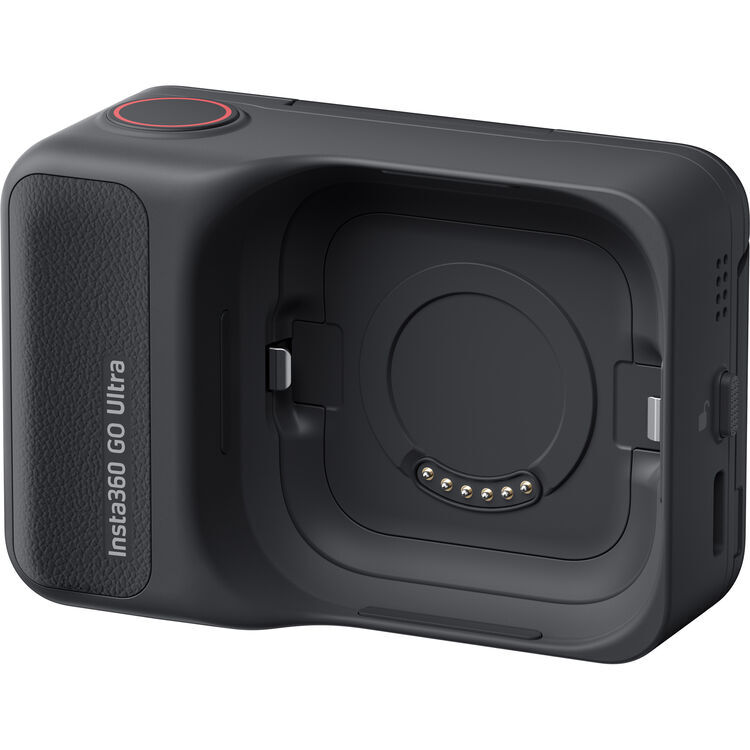 Insta360 GO Ultra camera connected to its articulating touchscreen Action Pod