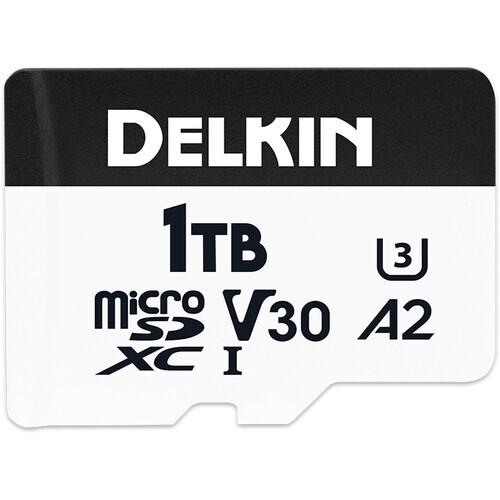 Illustration of the Delkin Hyperspeed 128GB microSDXC memory card with the included SD adapter.