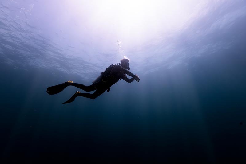 Underwater photographer wearing Garmin Fenix 8 while shooting a reef scene