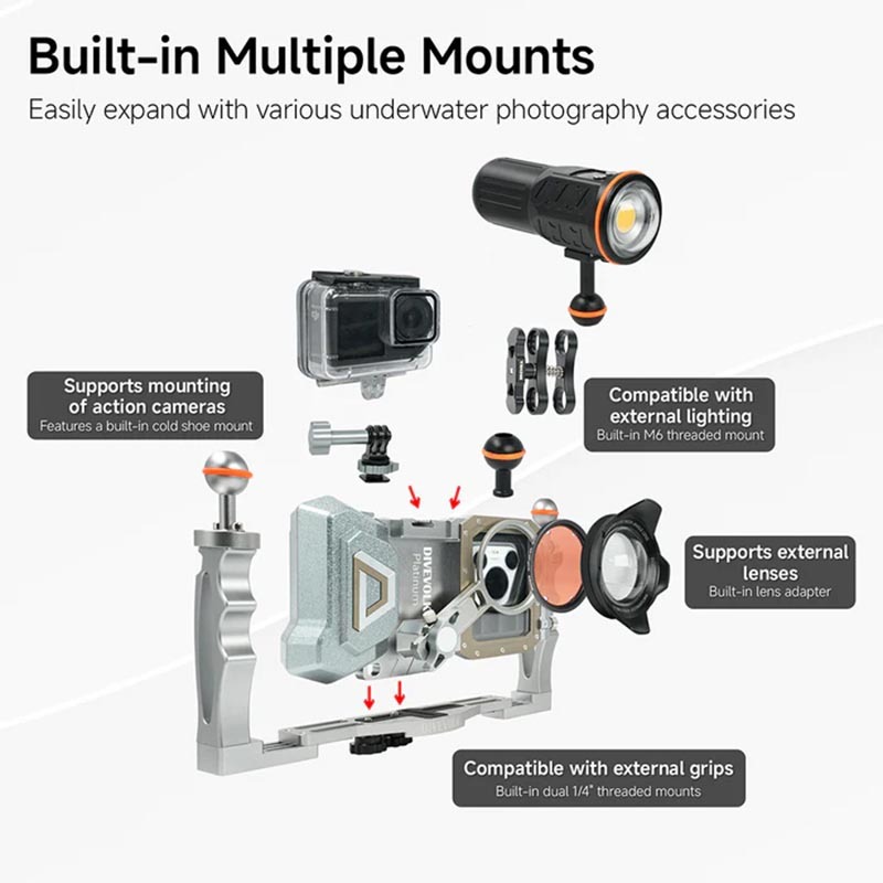 DiveVolk SeaTouch 4 Max Platinum V2 aluminum housing with dual handle tray, 67mm wide-angle wet lens, and underwater video light mounted via cold-shoe