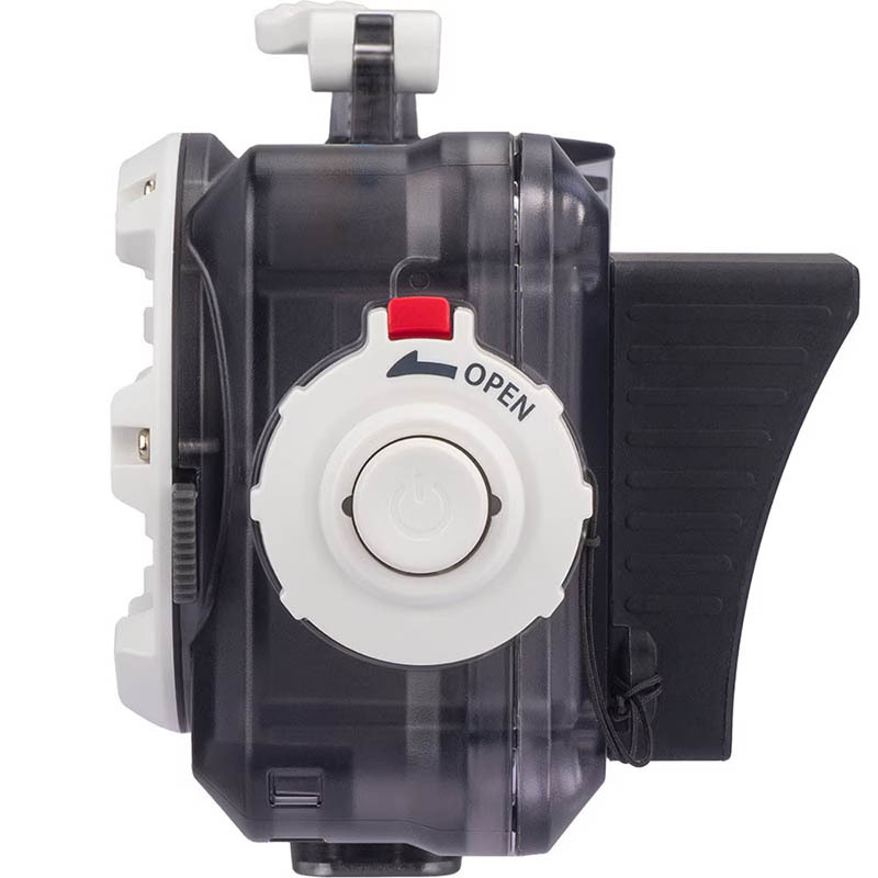 Side view of AOI UH-ACT housing showing latch and control access for underwater use