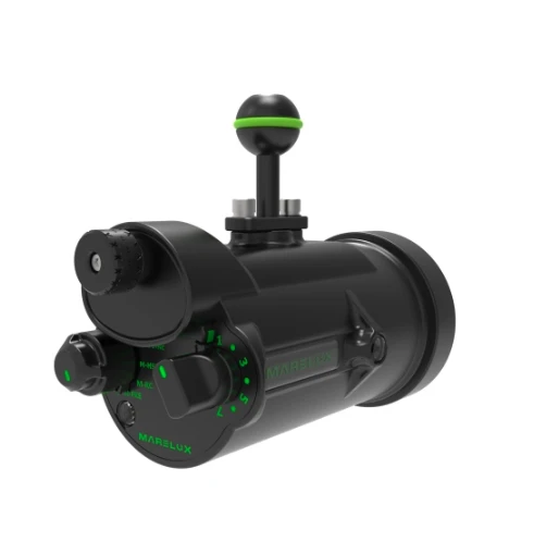 Marelux Apollo C underwater strobe mounted to underwater camera housing