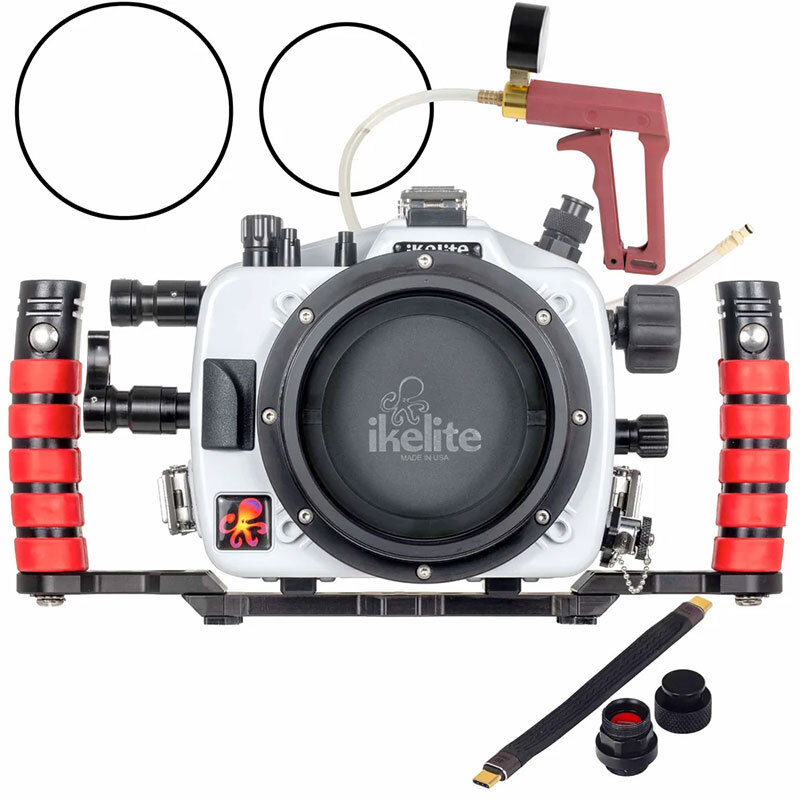 Front view of the Ikelite Canon R6 V 200DL underwater housing with DL port mount and left handle