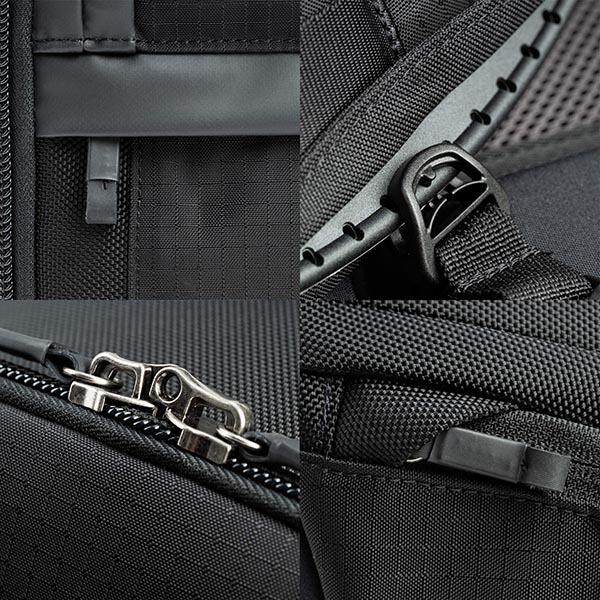 Weather-resistant materials, YKK zippers, and luggage pass-through