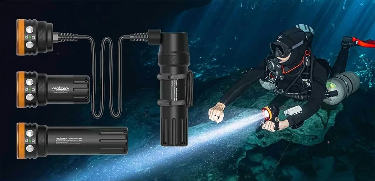OrcaTorch FlexDive 8000 lumen modular dive light system with interchangeable battery configurations